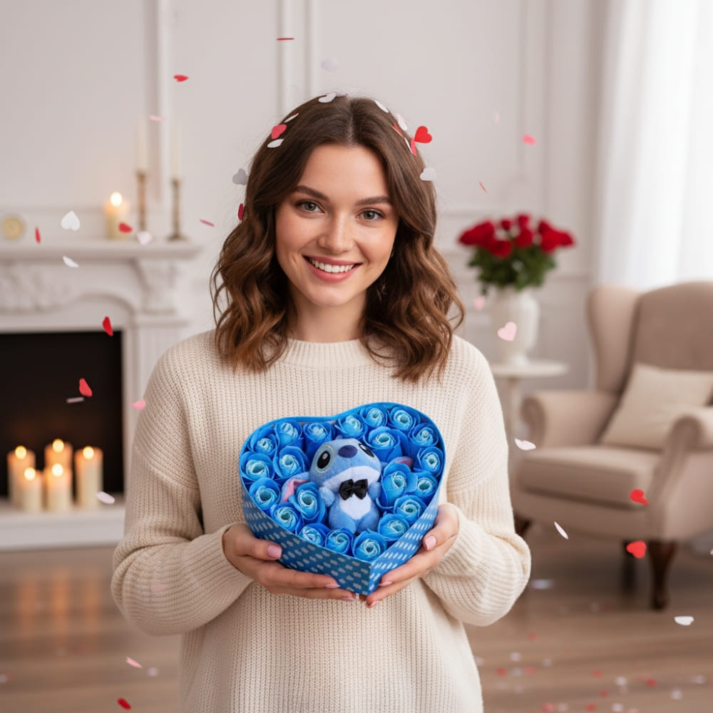 Presentask gosedjur Stitch hjärtask med blå rosor