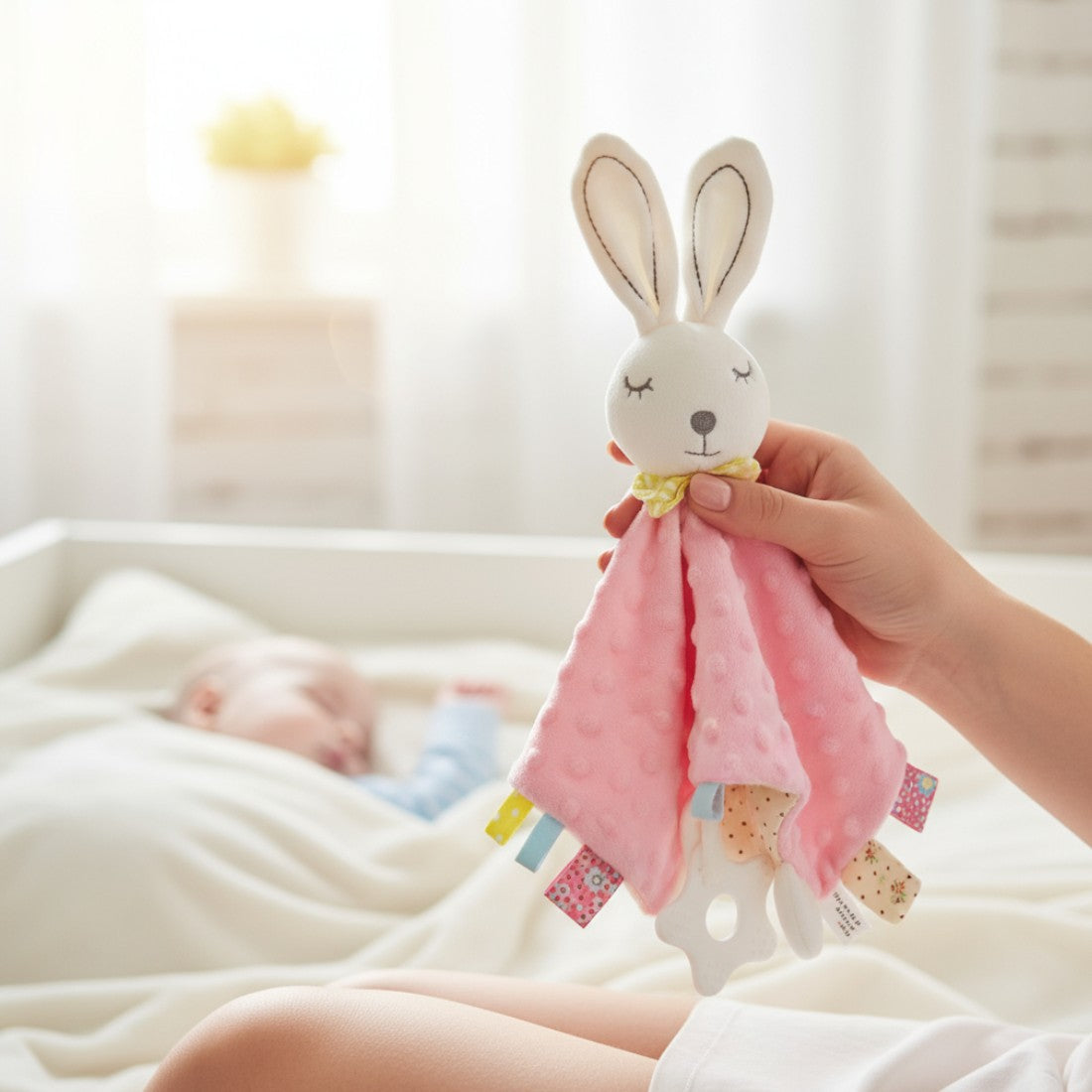 Snuttefilt gosedjur kanin minky pastell med bitring