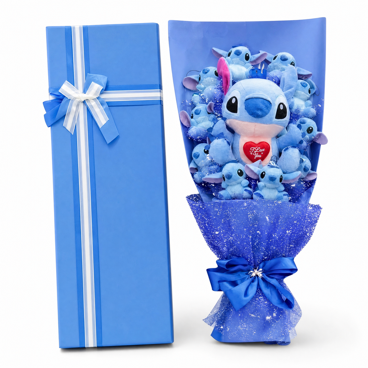 Bukett gosedjur Stitch I Love You i presentask