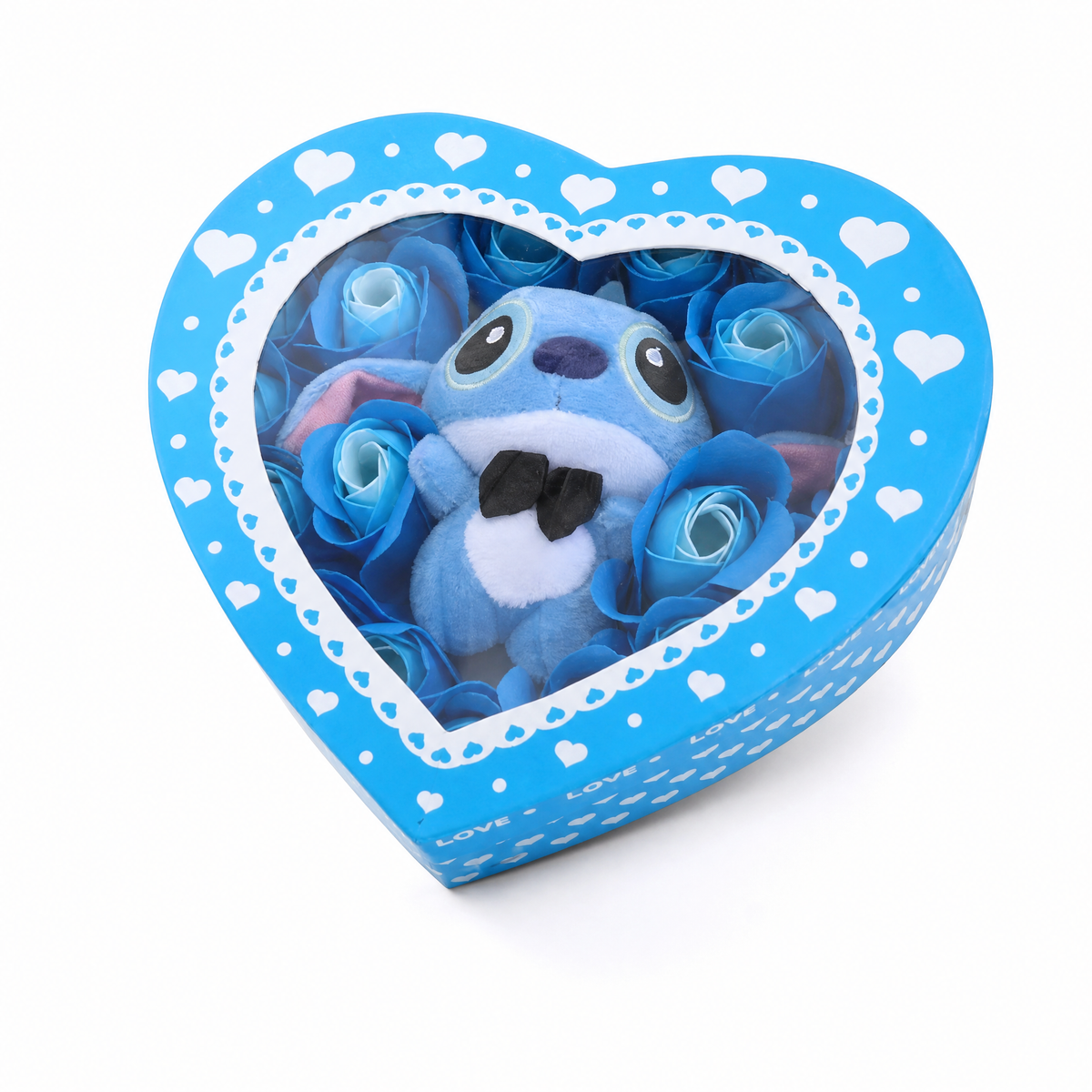 Presentask gosedjur Stitch hjärtask med blå rosor