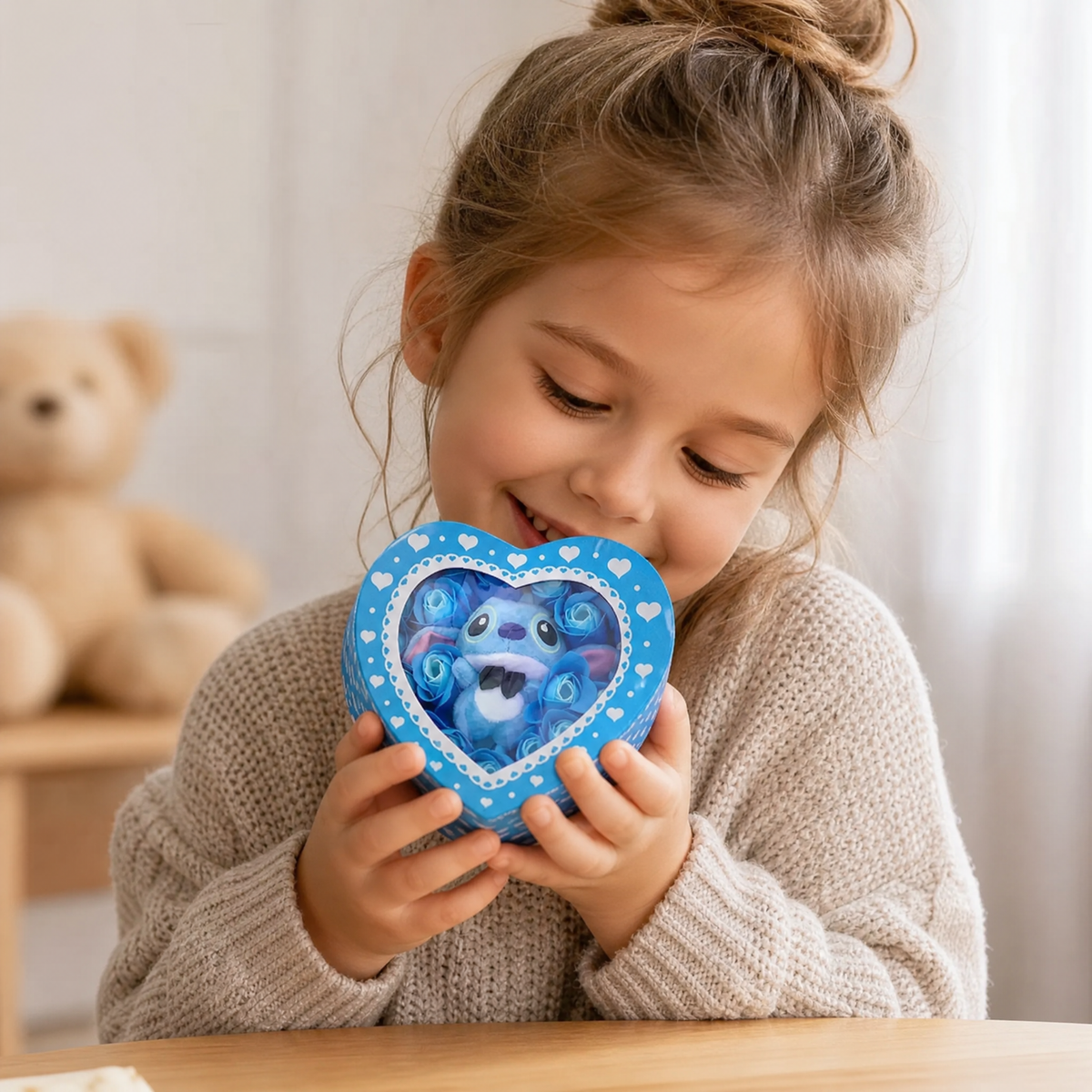 Presentask gosedjur Stitch hjärtask med blå rosor