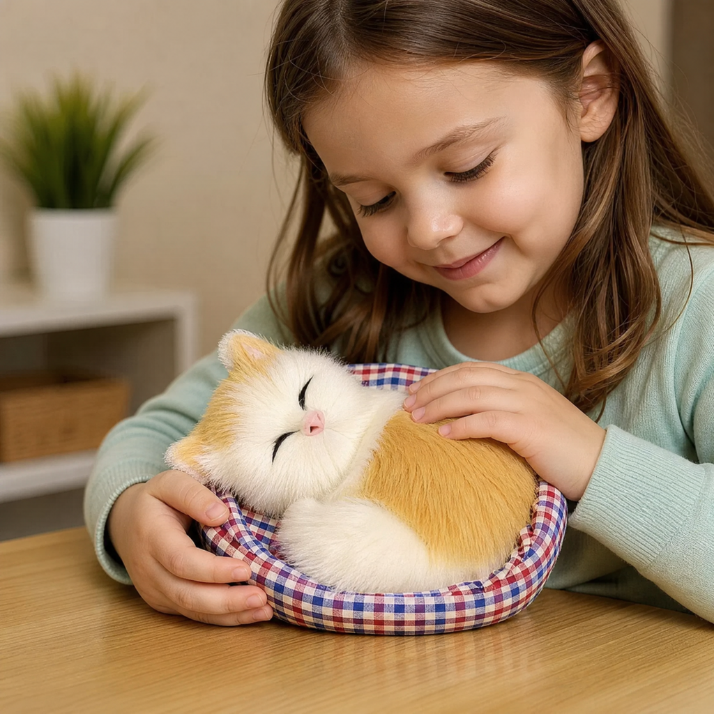 Gosedjur sovande katt med dekorativ korg