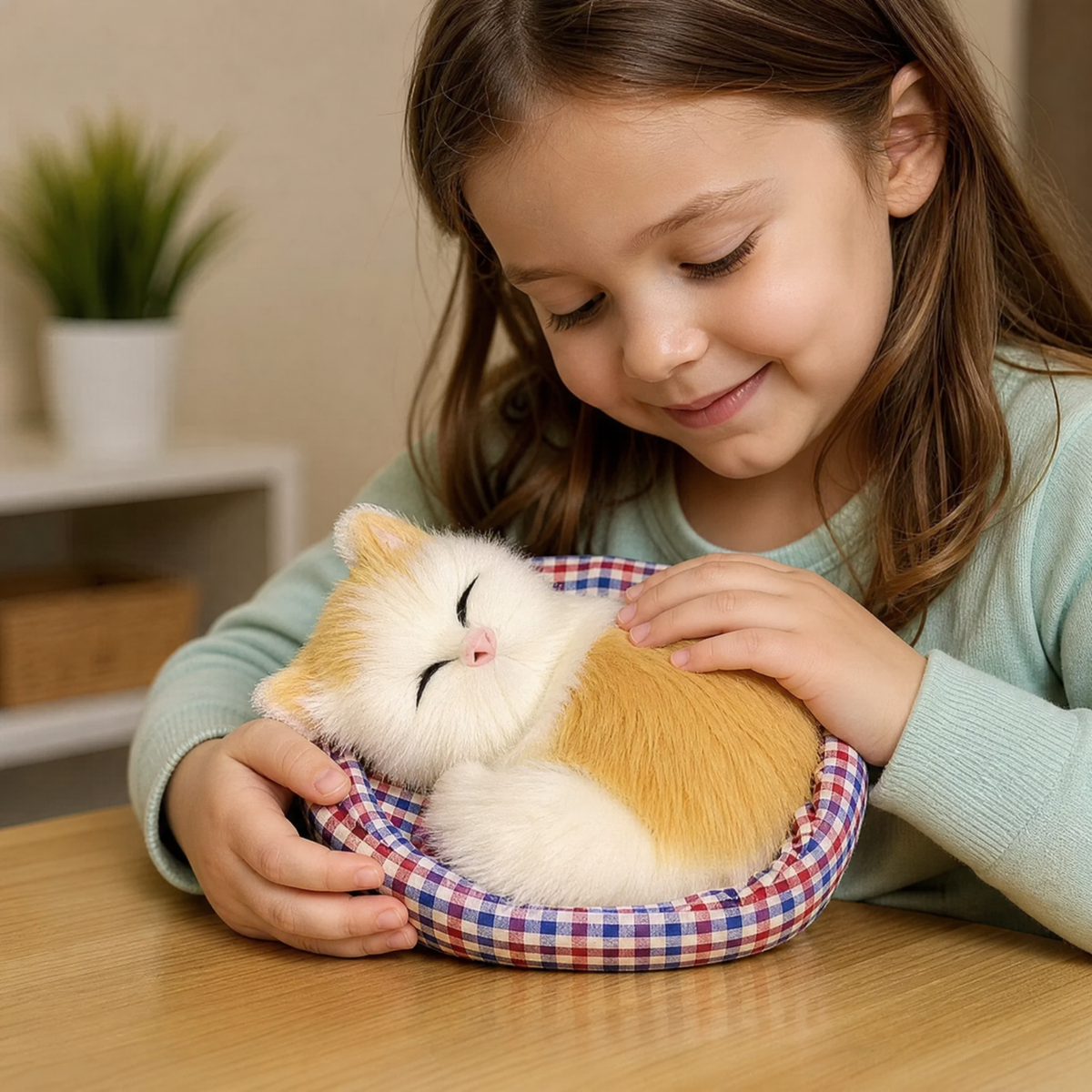 Gosedjur sovande katt med dekorativ korg