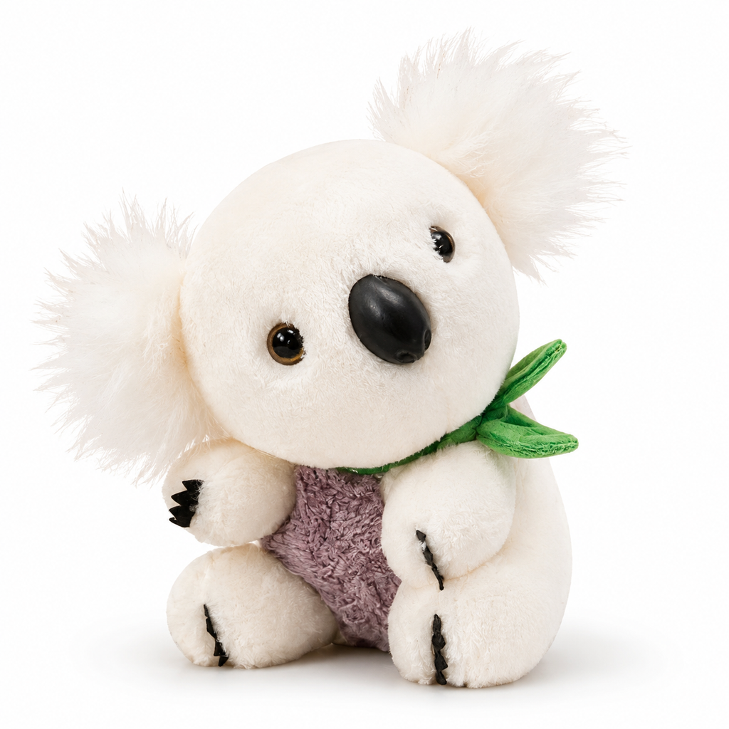 Gosedjur koala grå och vit med eukalyptusblad