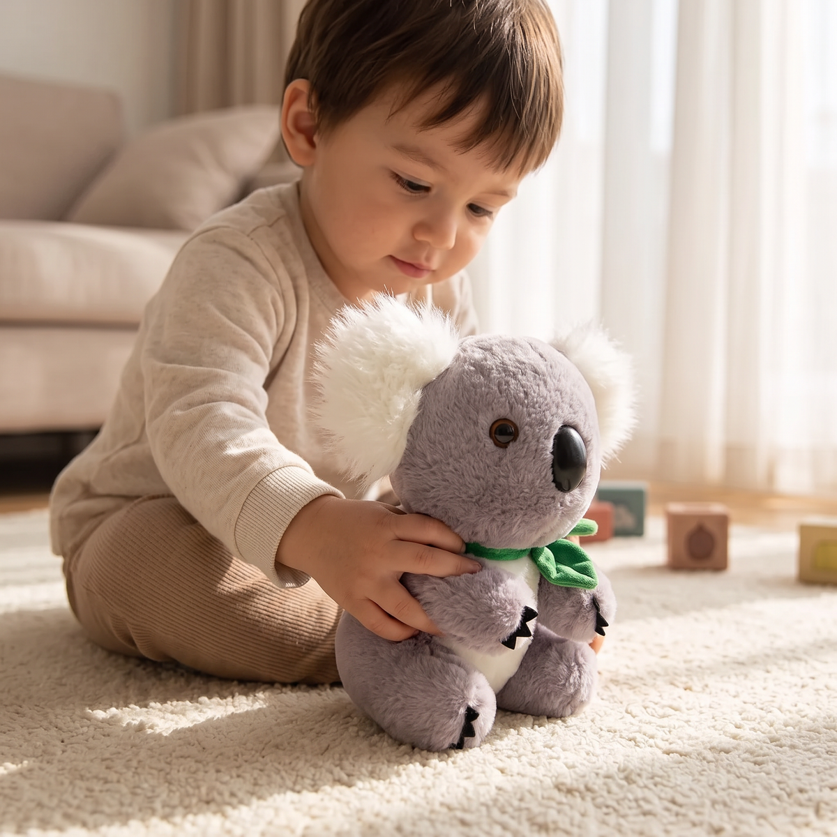 Gosedjur koala grå och vit med eukalyptusblad