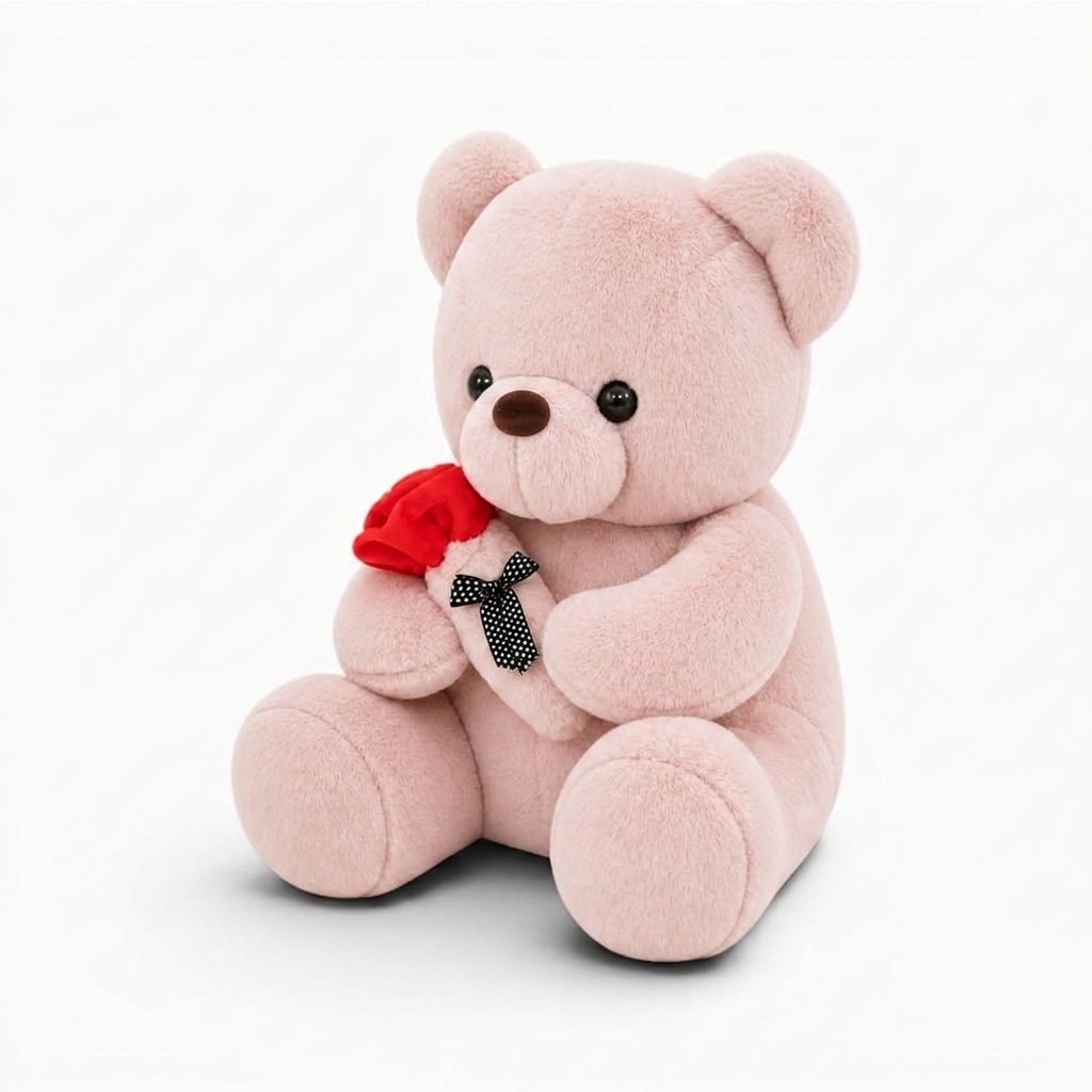 Nallebjörn gosedjur rosa med röd ros